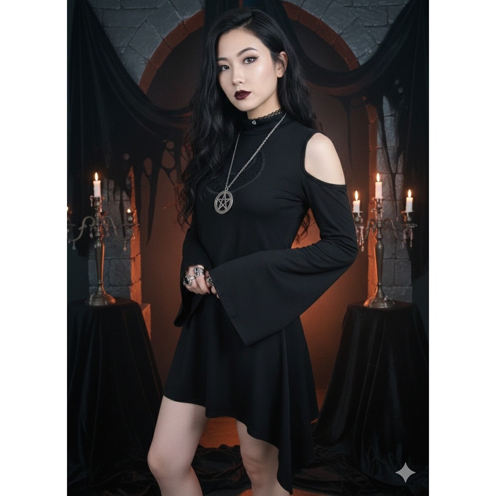 Killstar‎ Gothic Moon Lace Tunic/Mini Dress Black Cold Shoulder Bell Sleeve SZ M